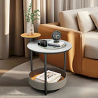 Table d'appoint ronde unique à 3 niveaux, plateau en pierre frittée, étagères en cuir microfibre, table de chevet d'appoint pour chambre.