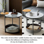 Table d'appoint ronde unique à 3 niveaux, plateau en pierre frittée, étagères en cuir microfibre, table de chevet d'appoint pour chambre.
