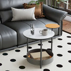 Table d'appoint ronde unique à 3 niveaux, plateau en pierre frittée, étagères en cuir microfibre, table de chevet d'appoint pour chambre.