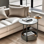 Table d'appoint ronde unique à 3 niveaux, plateau en pierre frittée, étagères en cuir microfibre, table de chevet d'appoint pour chambre.