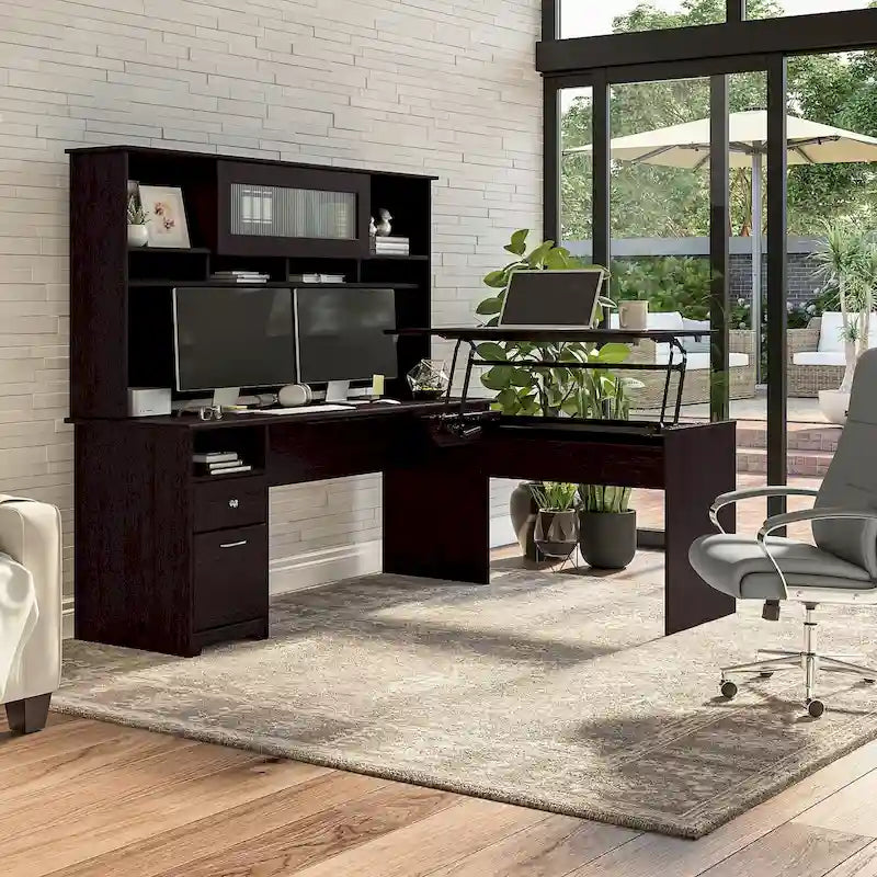 Bureau d'angle assis-debout de 183 cm avec huche, réglage en hauteur sur 3 positions