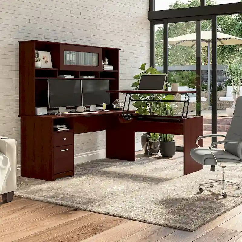 Bureau d'angle assis-debout de 183 cm avec huche, réglage en hauteur sur 3 positions