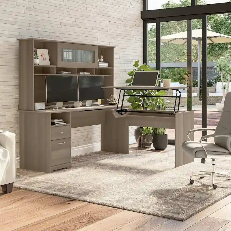 Bureau d'angle assis-debout de 183 cm avec huche, réglage en hauteur sur 3 positions