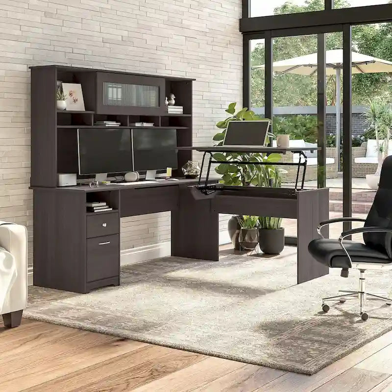 Bureau d'angle assis-debout de 183 cm avec huche, réglage en hauteur sur 3 positions