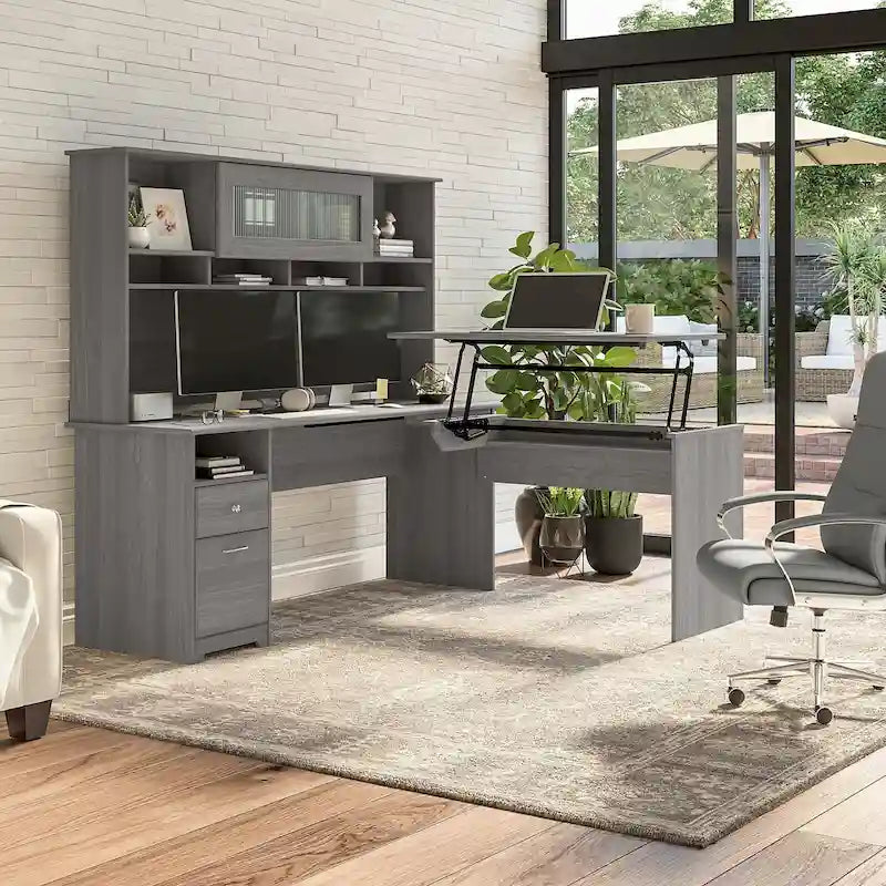 Bureau d'angle assis-debout de 183 cm avec huche, réglage en hauteur sur 3 positions
