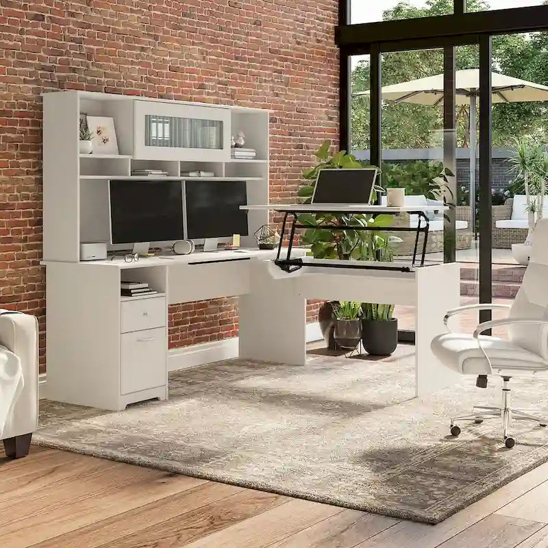 Bureau d'angle assis-debout de 183 cm avec huche, réglage en hauteur sur 3 positions