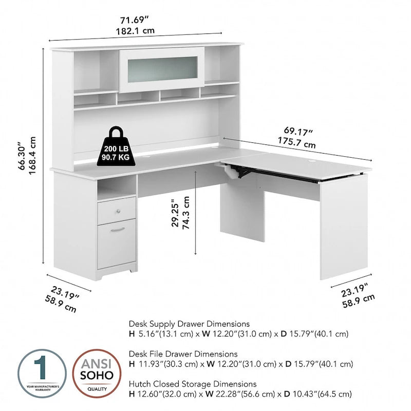 Bureau d'angle assis-debout de 183 cm avec huche, réglage en hauteur sur 3 positions