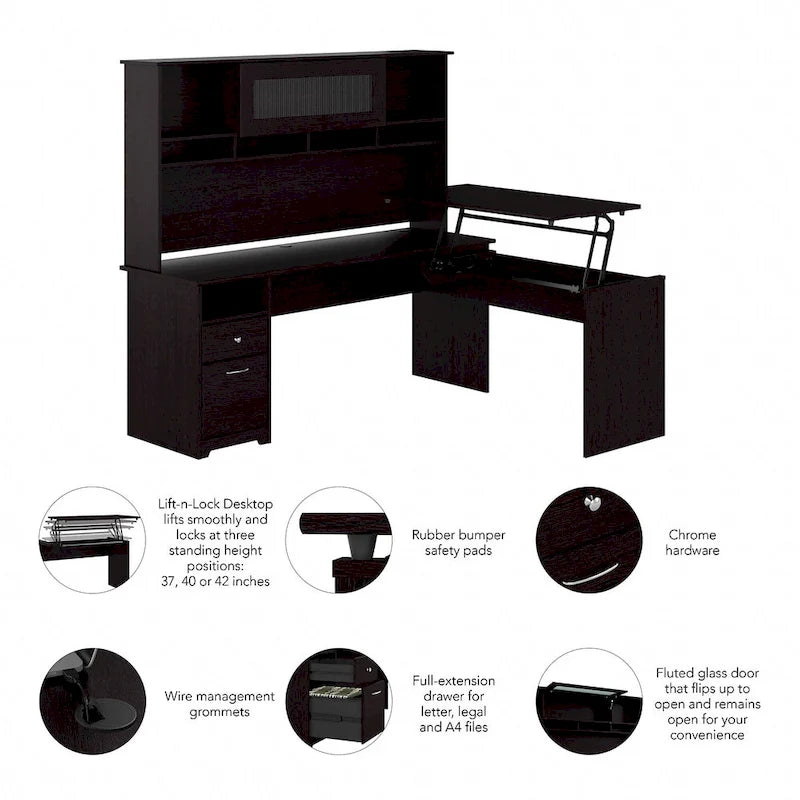 Bureau d'angle assis-debout de 183 cm avec huche, réglage en hauteur sur 3 positions