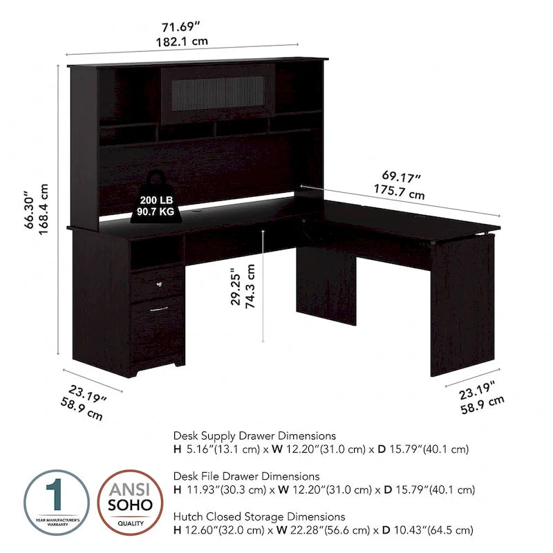 Bureau d'angle assis-debout de 183 cm avec huche, réglage en hauteur sur 3 positions