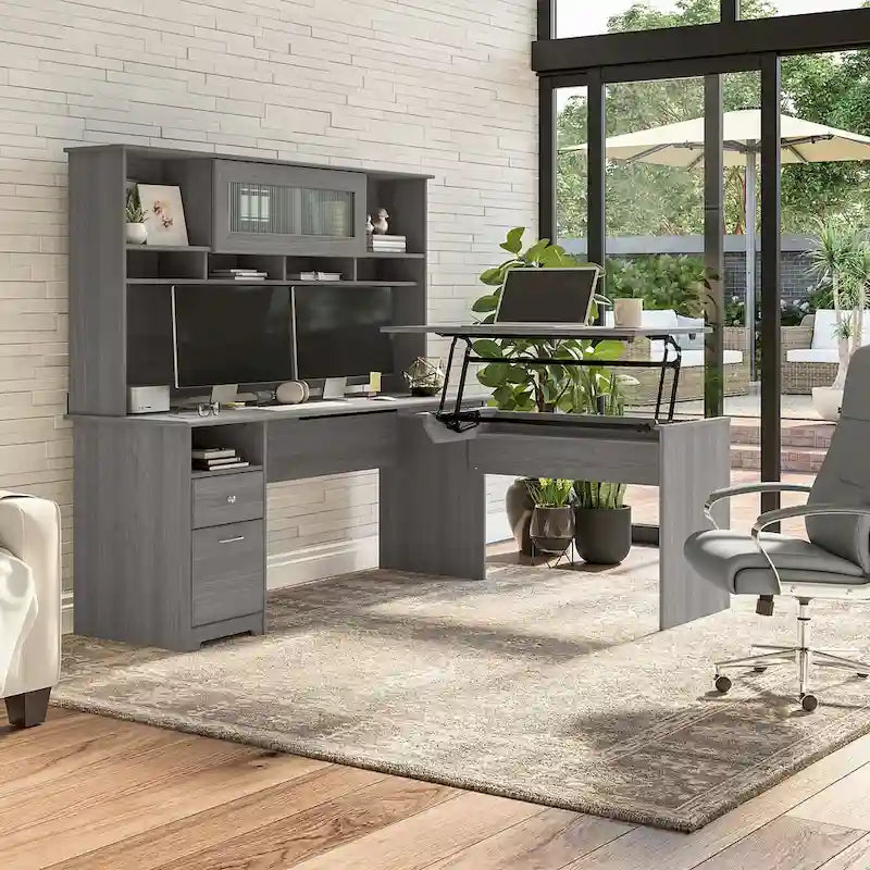 Bureau d'angle assis-debout de 183 cm avec huche, réglage en hauteur sur 3 positions
