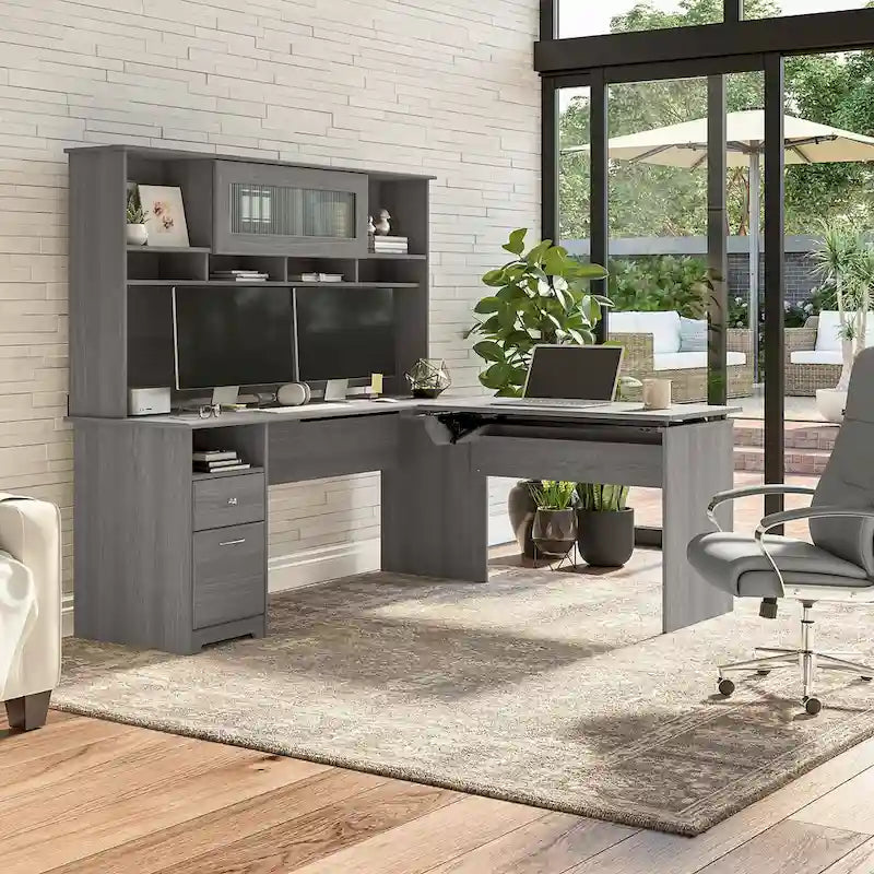 Bureau d'angle assis-debout de 183 cm avec huche, réglage en hauteur sur 3 positions