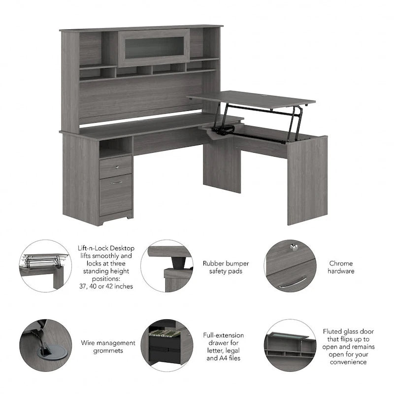 Bureau d'angle assis-debout de 183 cm avec huche, réglage en hauteur sur 3 positions