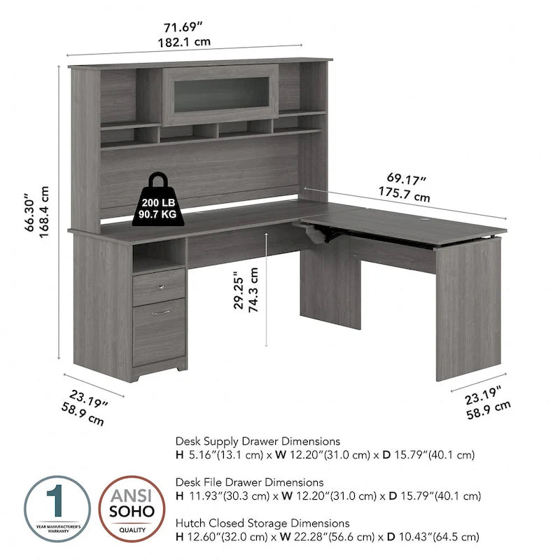 Bureau d'angle assis-debout de 183 cm avec huche, réglage en hauteur sur 3 positions