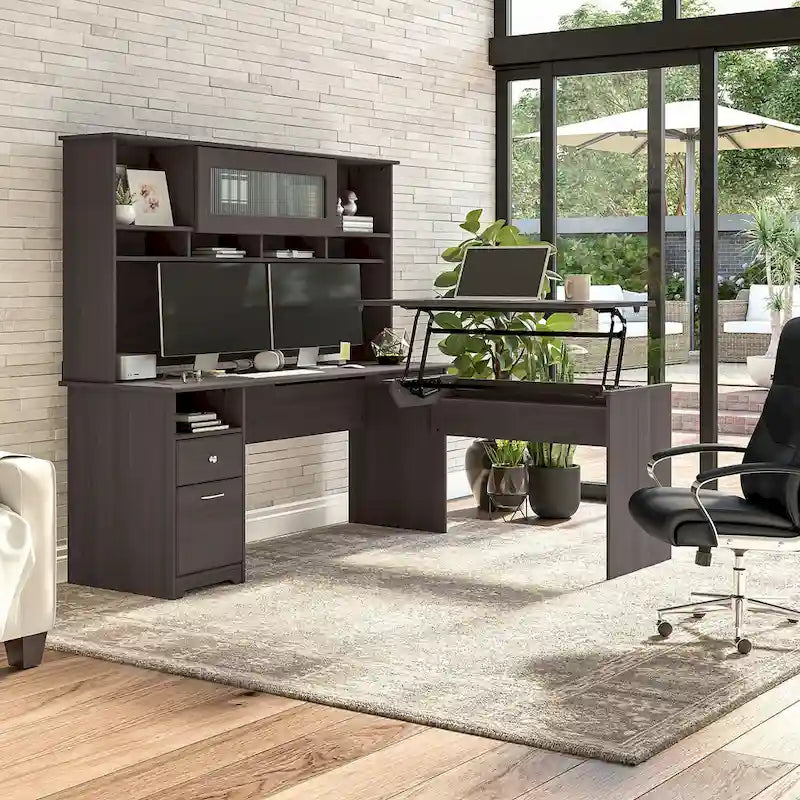 Bureau d'angle assis-debout de 183 cm avec huche, réglage en hauteur sur 3 positions