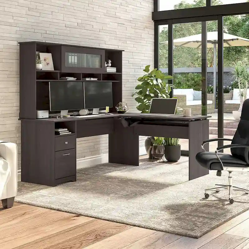 Bureau d'angle assis-debout de 183 cm avec huche, réglage en hauteur sur 3 positions