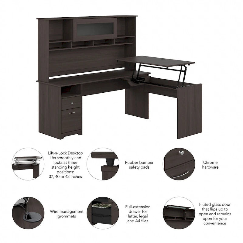 Bureau d'angle assis-debout de 183 cm avec huche, réglage en hauteur sur 3 positions