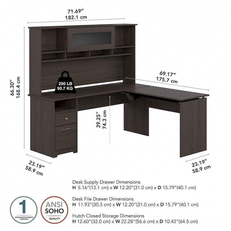 Bureau d'angle assis-debout de 183 cm avec huche, réglage en hauteur sur 3 positions