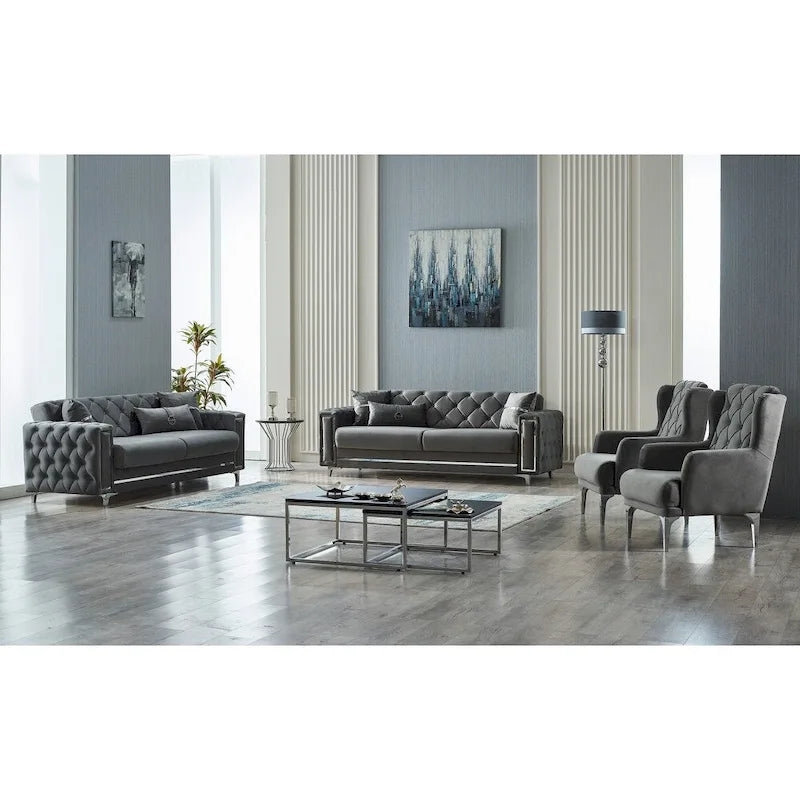 Ensemble de salon 4 pièces — Canapé et fauteuil avec pieds en métal doré