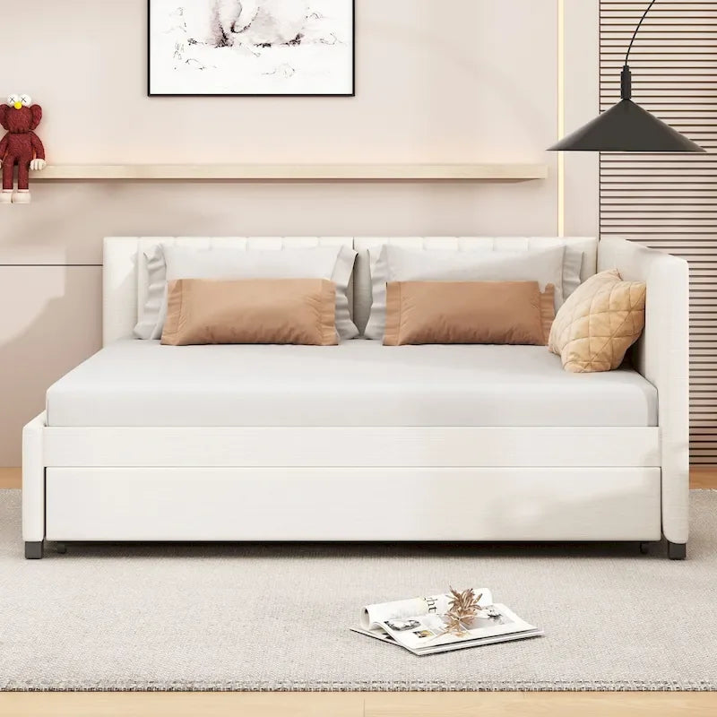 Lit de repos rembourré pleine grandeur avec lit gigogne, aucun sommier tapissier requis, tissu de lin, beige