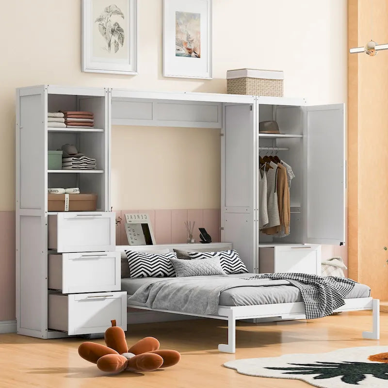 Lit escamotable Queen moderne avec placard et tiroirs