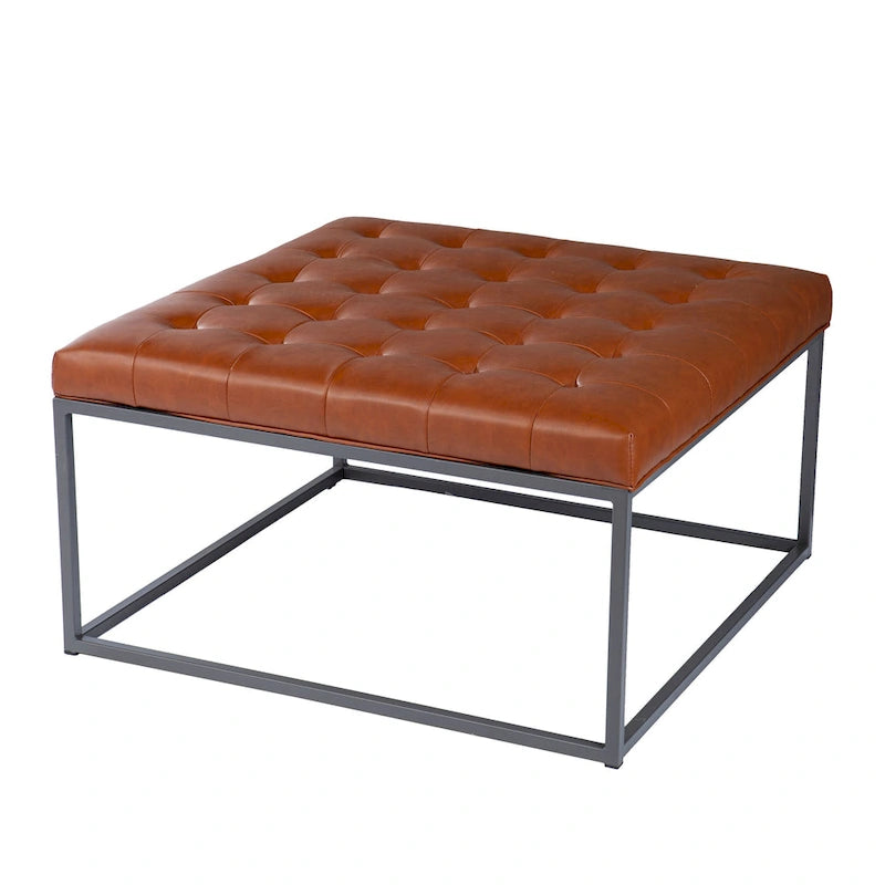 Pouf capitonné en similicuir avec base traîneau en acier, 86 cm (L) x 86 cm (P) x 46 cm (H)
