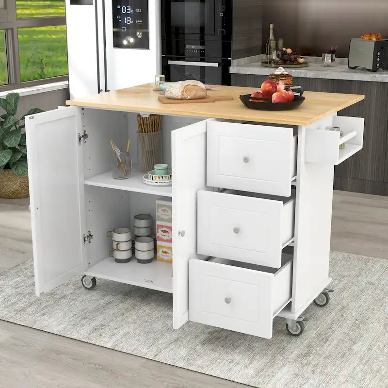 Îlot de cuisine mobile roulant avec plateau en bois massif et roulettes blocables