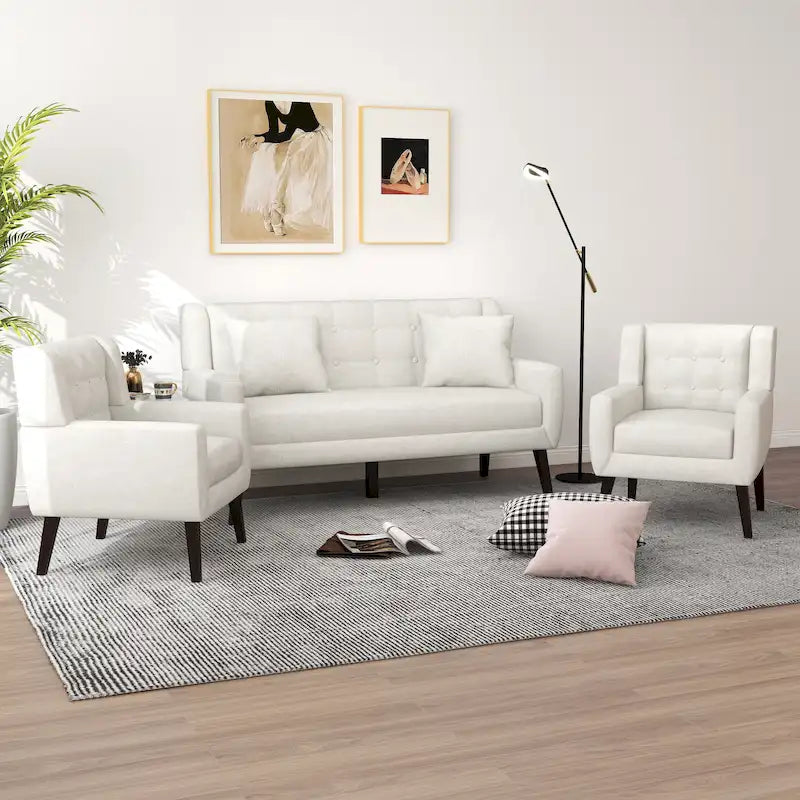 Causeuse capitonnée en lin/coton avec 2 fauteuils d'appoint