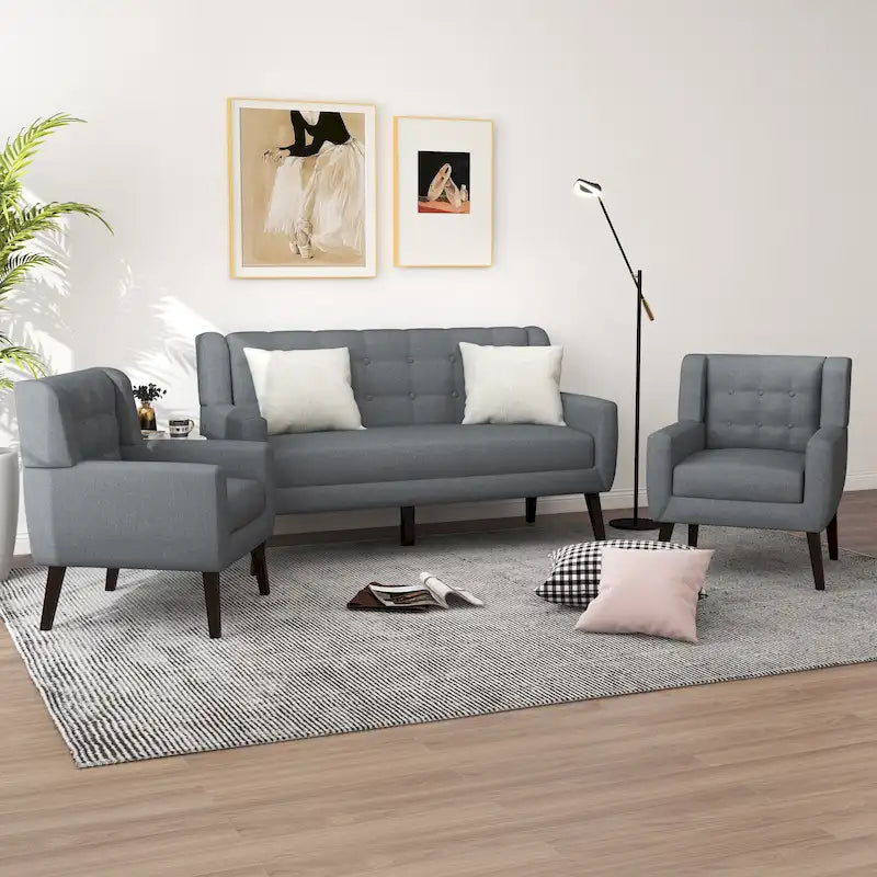 Causeuse capitonnée en lin/coton avec 2 fauteuils d'appoint