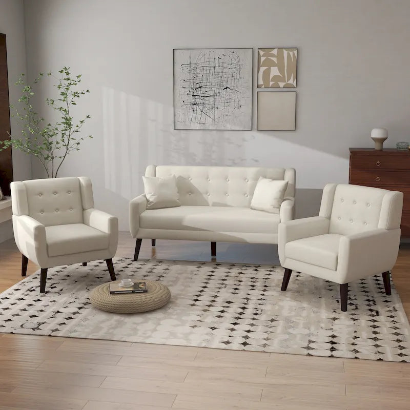 Causeuse capitonnée en lin/coton avec 2 fauteuils d'appoint