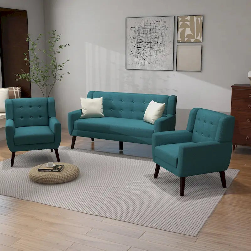 Causeuse capitonnée en lin/coton avec 2 fauteuils d'appoint