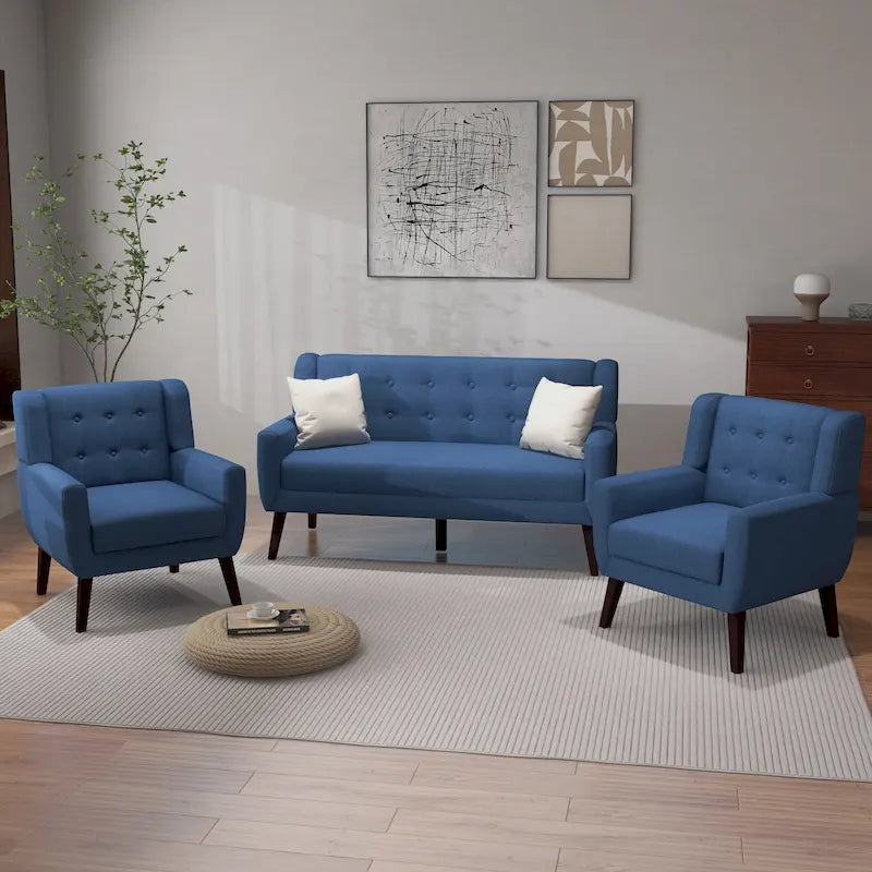 Causeuse capitonnée en lin/coton avec 2 fauteuils d'appoint