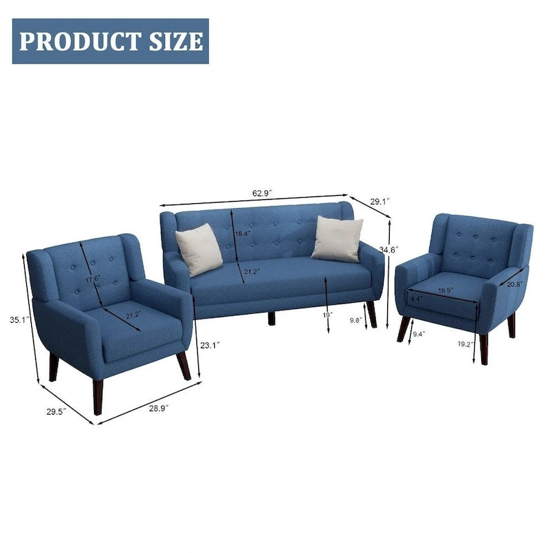 Causeuse capitonnée en lin/coton avec 2 fauteuils d'appoint