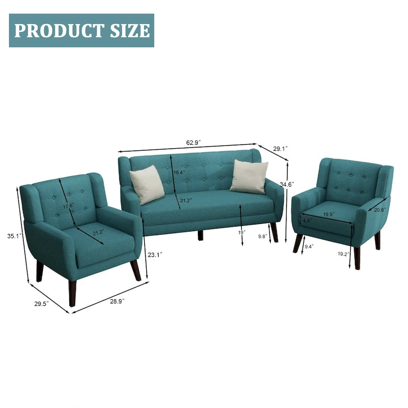 Causeuse capitonnée en lin/coton avec 2 fauteuils d'appoint
