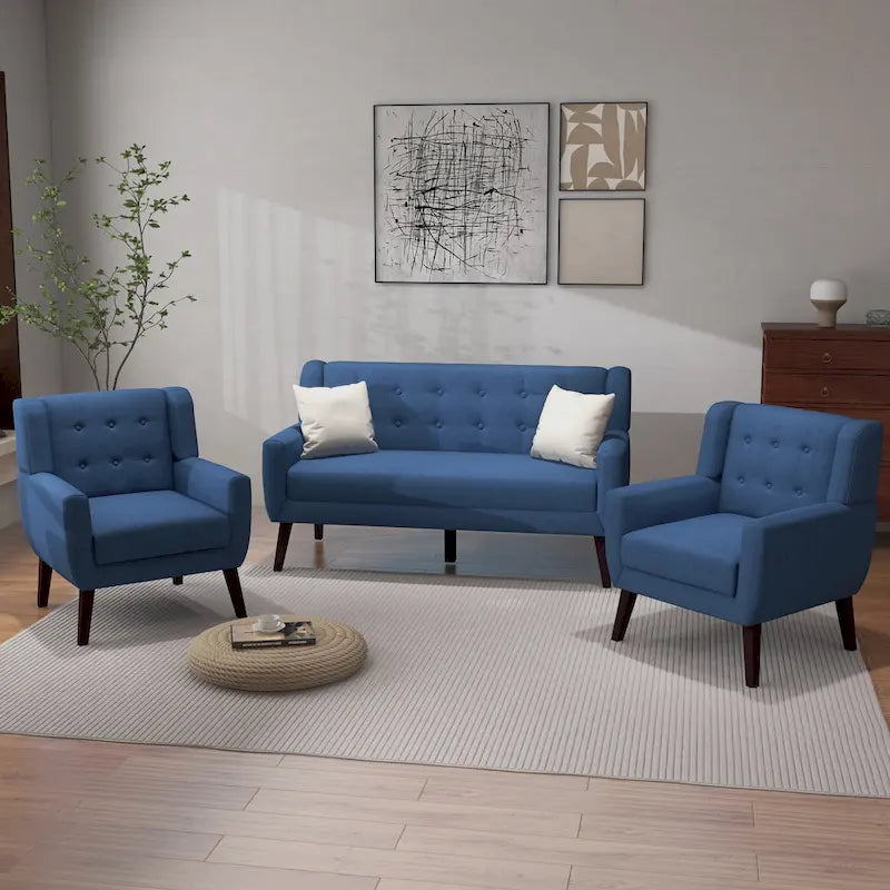 Causeuse capitonnée en lin/coton avec 2 fauteuils d'appoint