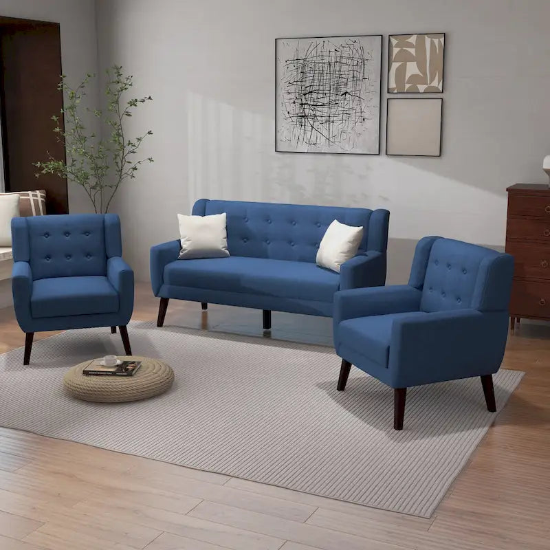 Causeuse capitonnée en lin/coton avec 2 fauteuils d'appoint