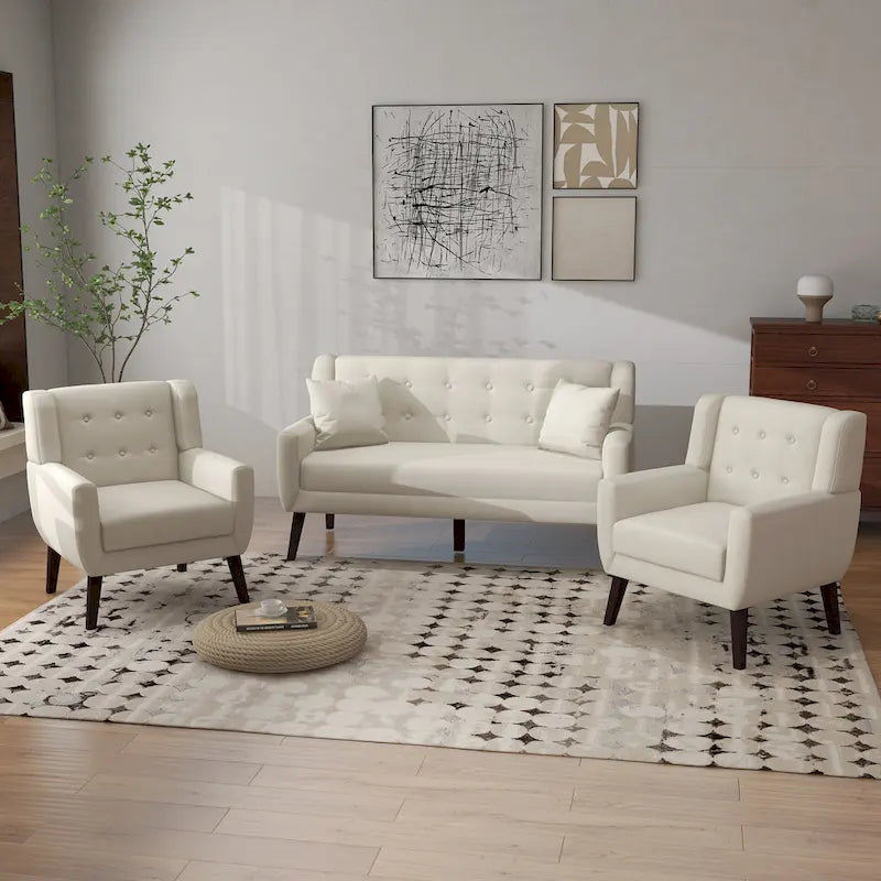 Causeuse capitonnée en lin/coton avec 2 fauteuils d'appoint