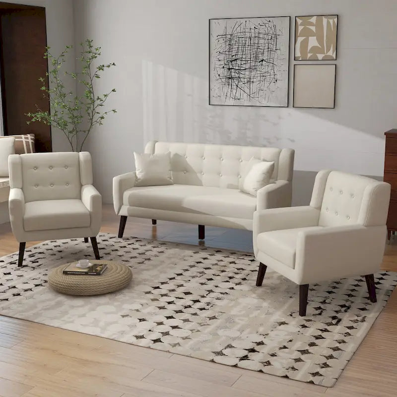 Causeuse capitonnée en lin/coton avec 2 fauteuils d'appoint