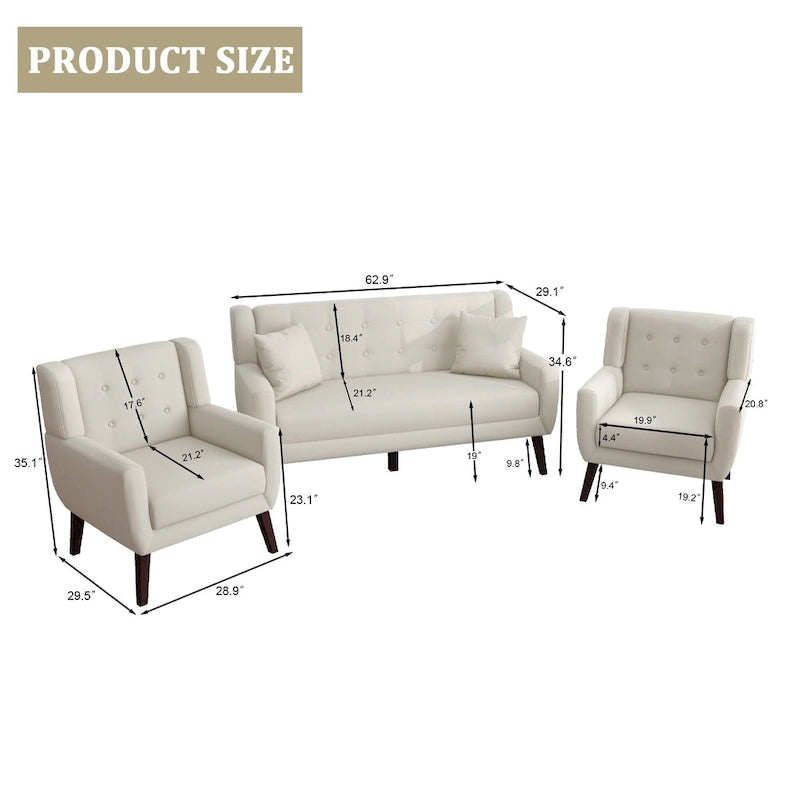 Causeuse capitonnée en lin/coton avec 2 fauteuils d'appoint