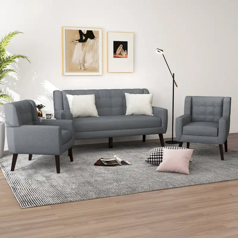 Causeuse capitonnée en lin/coton avec 2 fauteuils d'appoint