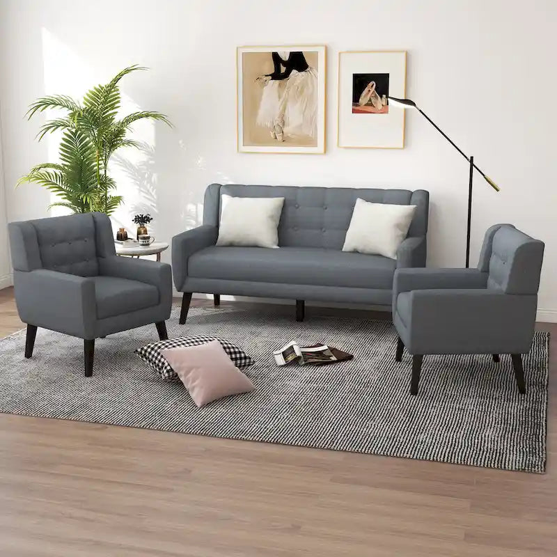 Causeuse capitonnée en lin/coton avec 2 fauteuils d'appoint
