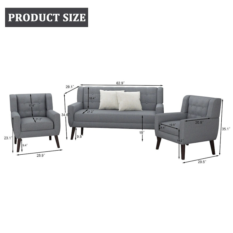 Causeuse capitonnée en lin/coton avec 2 fauteuils d'appoint