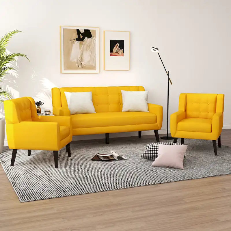 Causeuse capitonnée en lin/coton avec 2 fauteuils d'appoint