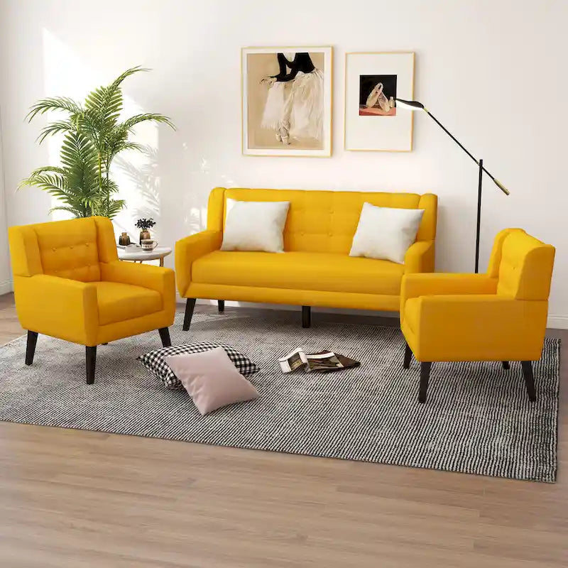 Causeuse capitonnée en lin/coton avec 2 fauteuils d'appoint
