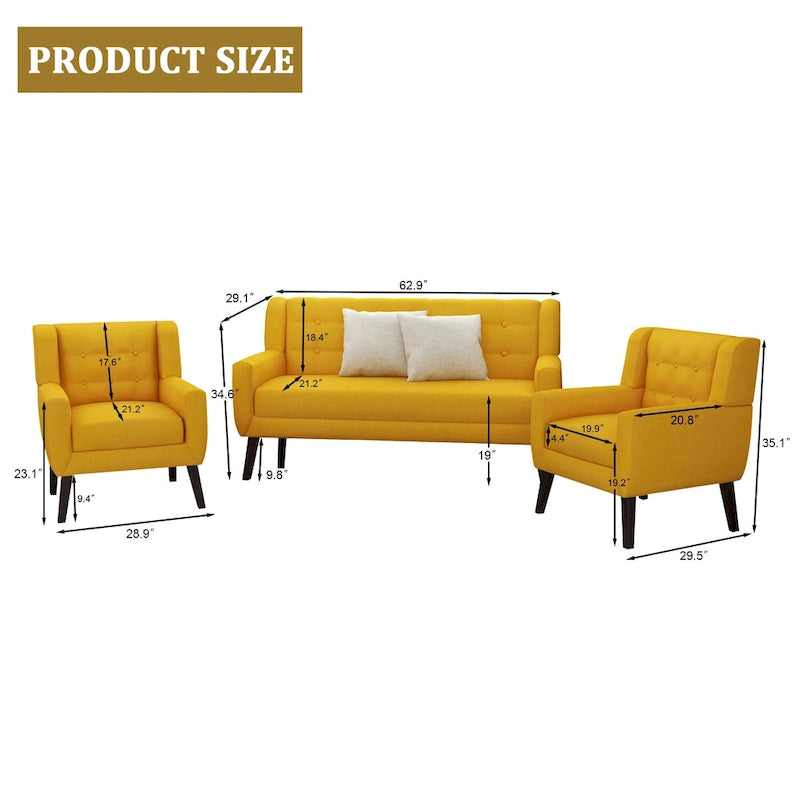 Causeuse capitonnée en lin/coton avec 2 fauteuils d'appoint