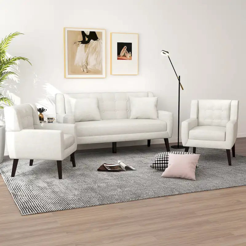 Causeuse capitonnée en lin/coton avec 2 fauteuils d'appoint