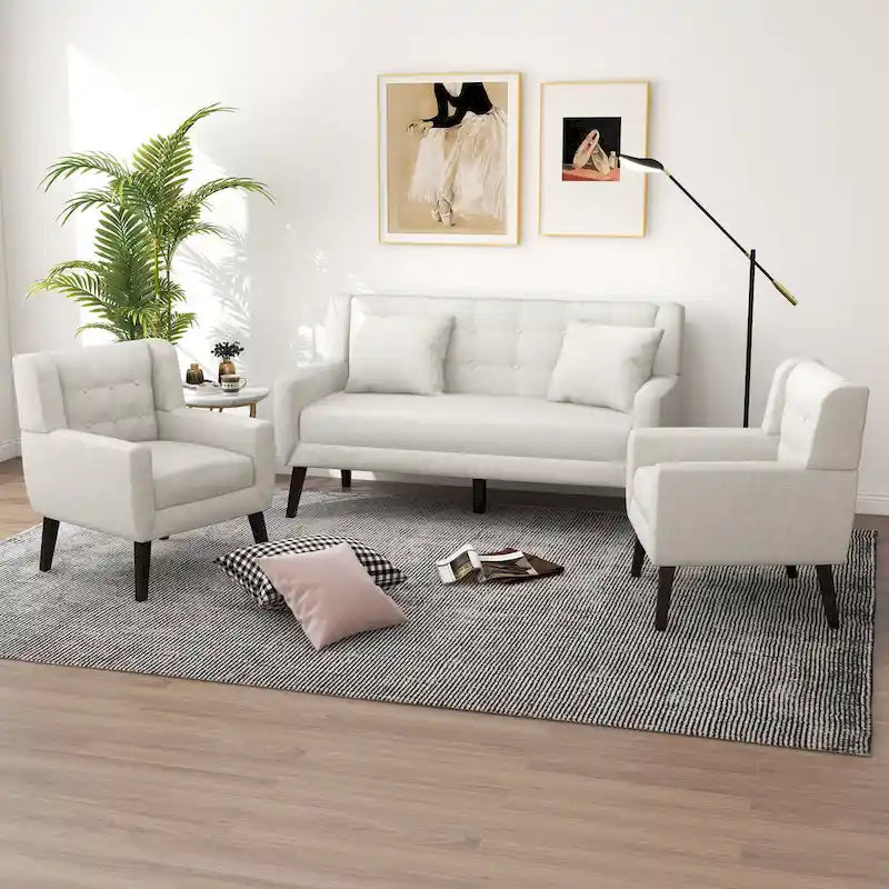 Causeuse capitonnée en lin/coton avec 2 fauteuils d'appoint