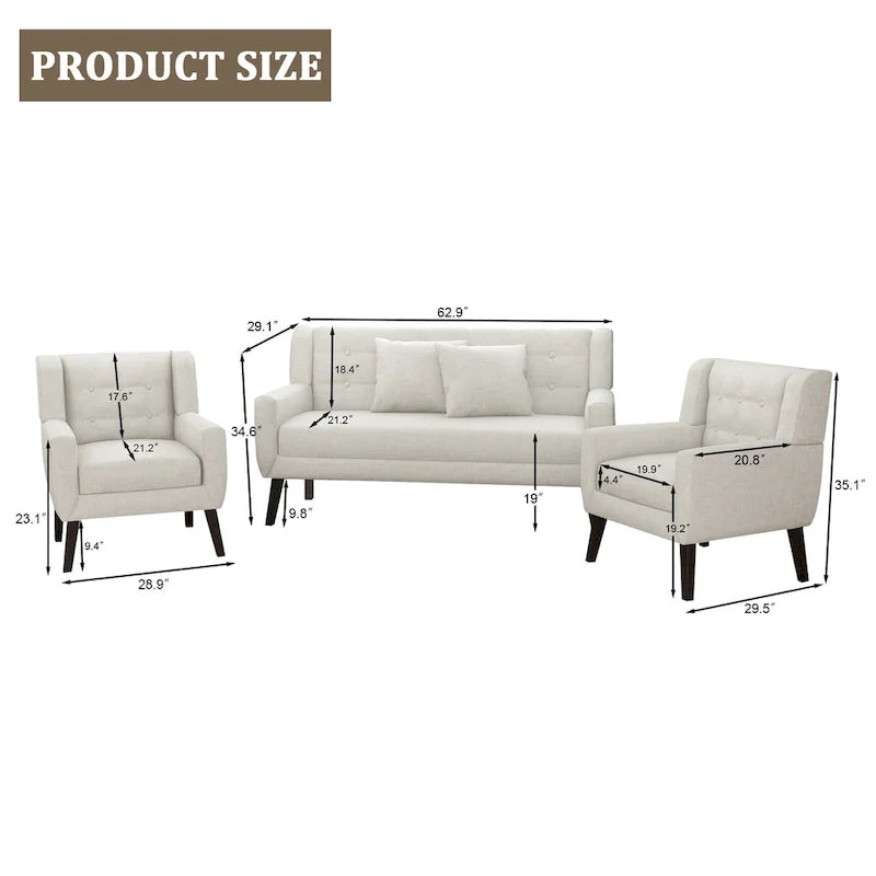 Causeuse capitonnée en lin/coton avec 2 fauteuils d'appoint