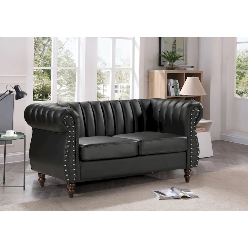 Causeuse en similicuir Capri à accoudoirs roulés et capitonnage Chesterfield