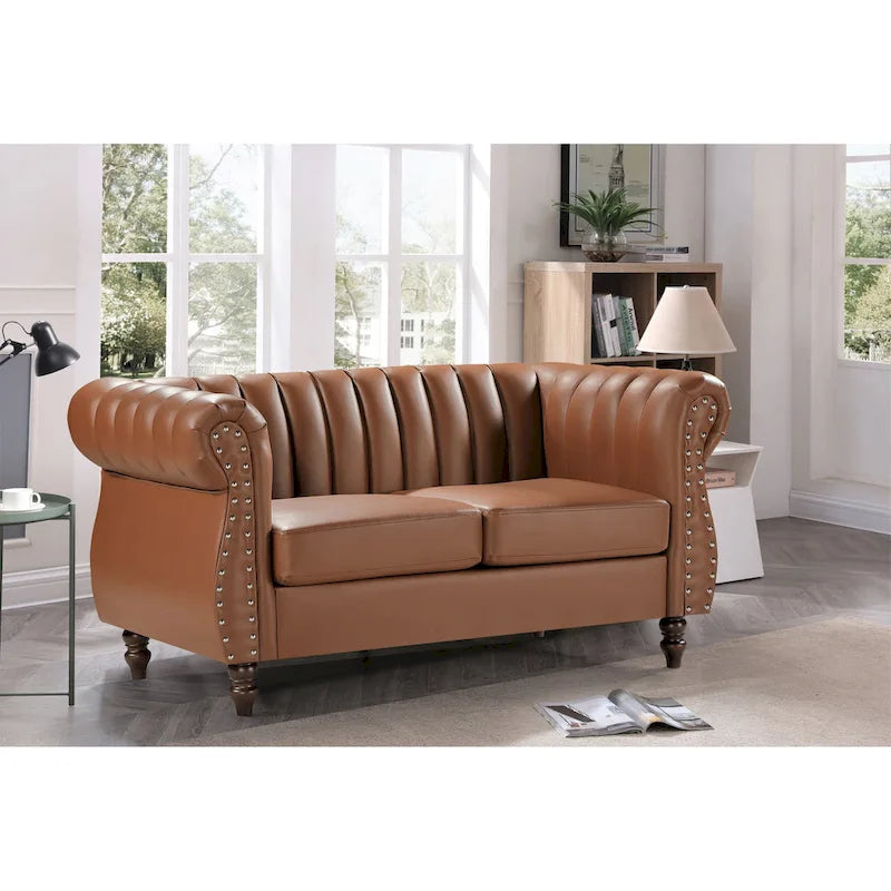Causeuse en similicuir Capri à accoudoirs roulés et capitonnage Chesterfield