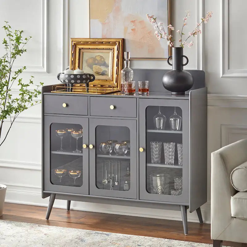 Enfilade de style Mid-Century avec portes en verre trempé, 119 cm L